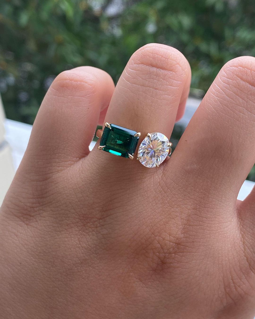 3.20Ct White Oval And Green Emerald Cut Two Stone Ring | Engagement Ring For Women | Toi Et Moi Ring