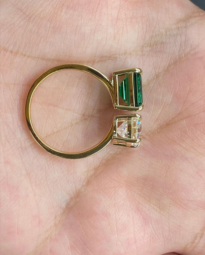 3.20Ct White Oval And Green Emerald Cut Two Stone Ring | Engagement Ring For Women | Toi Et Moi Ring