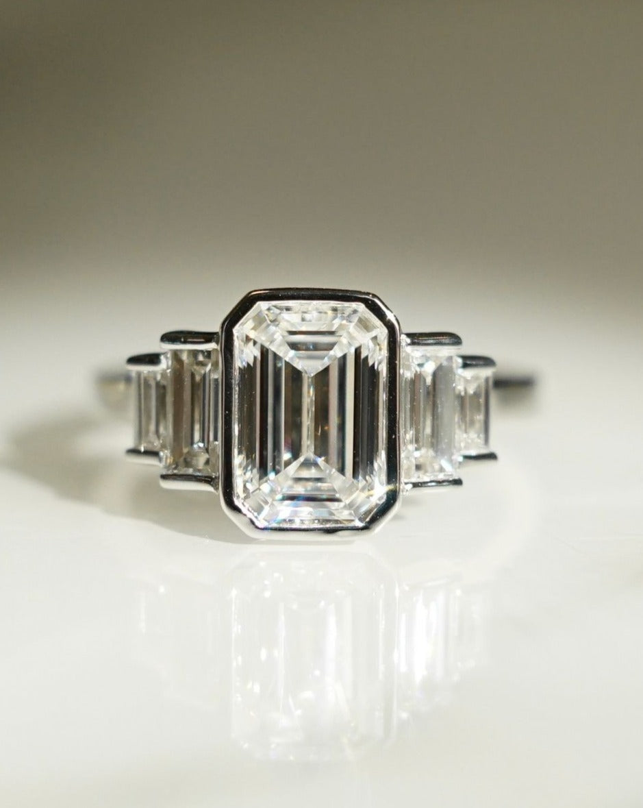 3.2Ct White Emerald Cut Bezel And Five Stone Ring | Wedding Ring For Bridal | Designer Ring For Her | Classy Ring