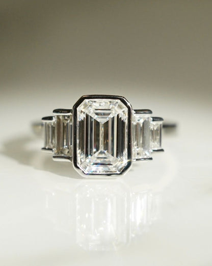 3.2Ct White Emerald Cut Bezel And Five Stone Ring | Wedding Ring For Bridal | Designer Ring For Her | Classy Ring
