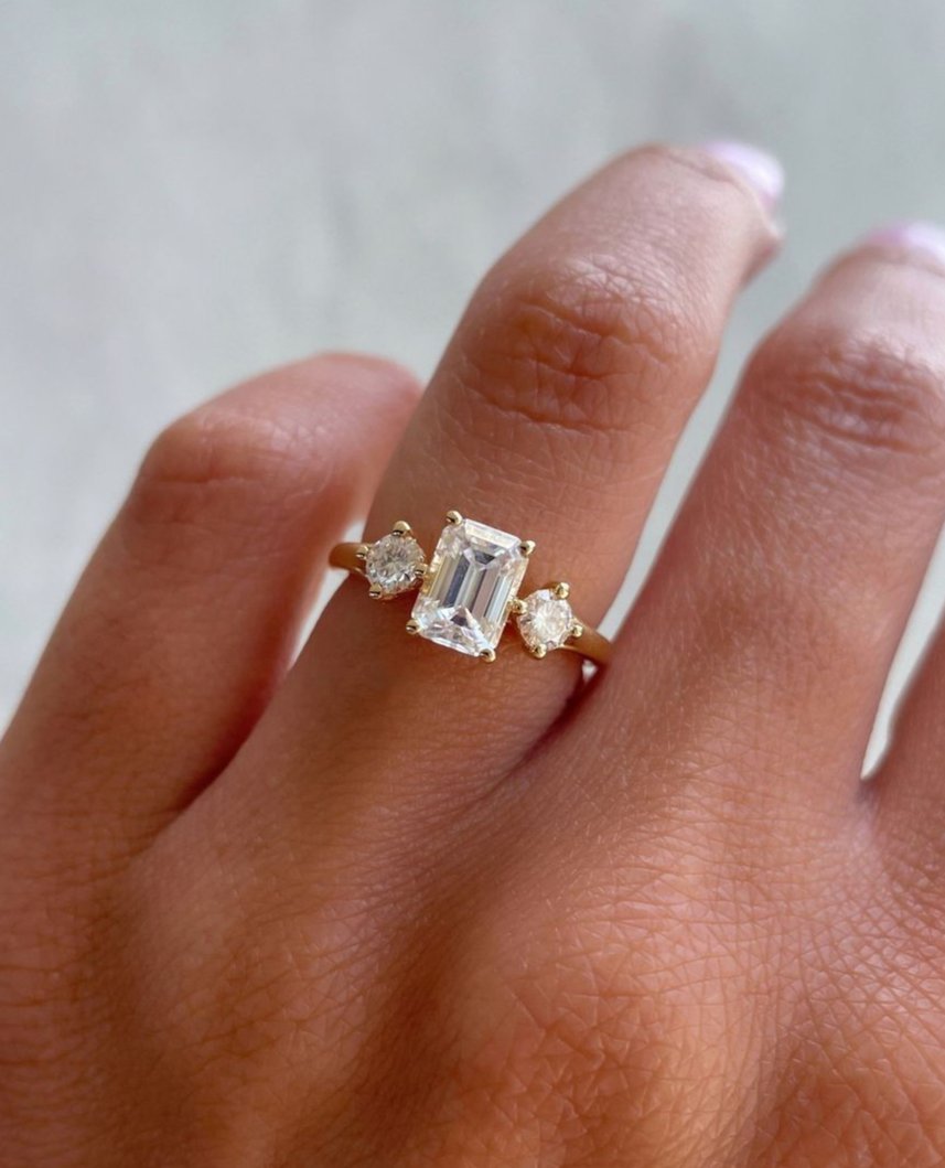 2.4Ct White Emerald Cut Three Stone Ring | Promise Ring For Girlfriend | Trilogy Diamond Ring For Her | Stacking Ring For Women