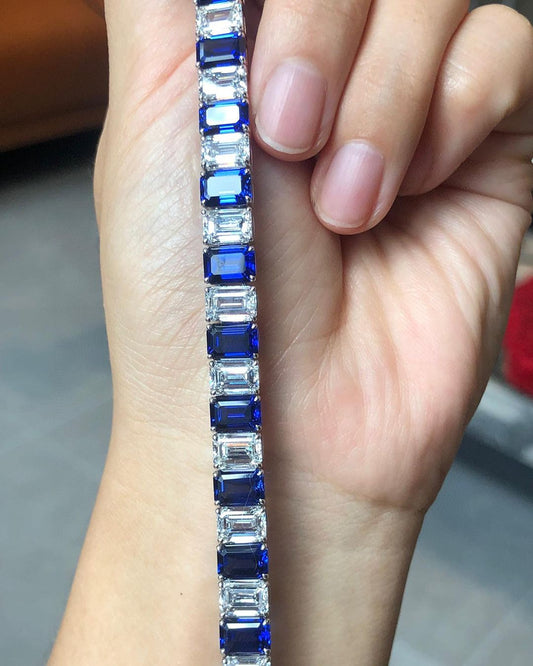 Blue And White Emerald Brilliant Cut Signity Diamond Tennis Bracelet For Women | Birthday Gift Tennis Bracelet | Special Occasion Bracelet