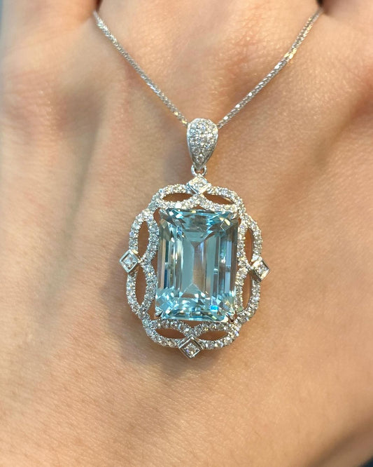 3.50Ct Aquamarine Color Emerald Cut Solitaire Pendant | Party Wear Pendant | Birthstone Pendant For Her | Luxury Jewelry