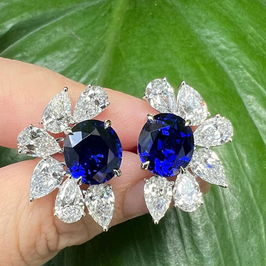 Blue Oval Cut Cubic Zirconia Solitaire With Cluster Stud Earrings | Party Wear Stud Earrings For Women | Bride To Be Earring