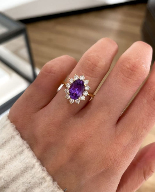 2.8Ct Purple Oval Cut Halo Ring For Her | Anniversary Gift Ring For Wife | Glamorous Ring For Women | Designer Jewelry Piece