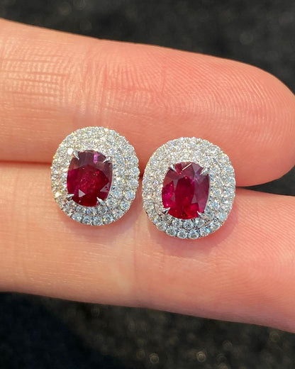 Red Oval Cut Cubic Zirconia Double Halo Earrings For Women | Perfect Occasion Gift Earring For Ladies | Bride To Be Earring