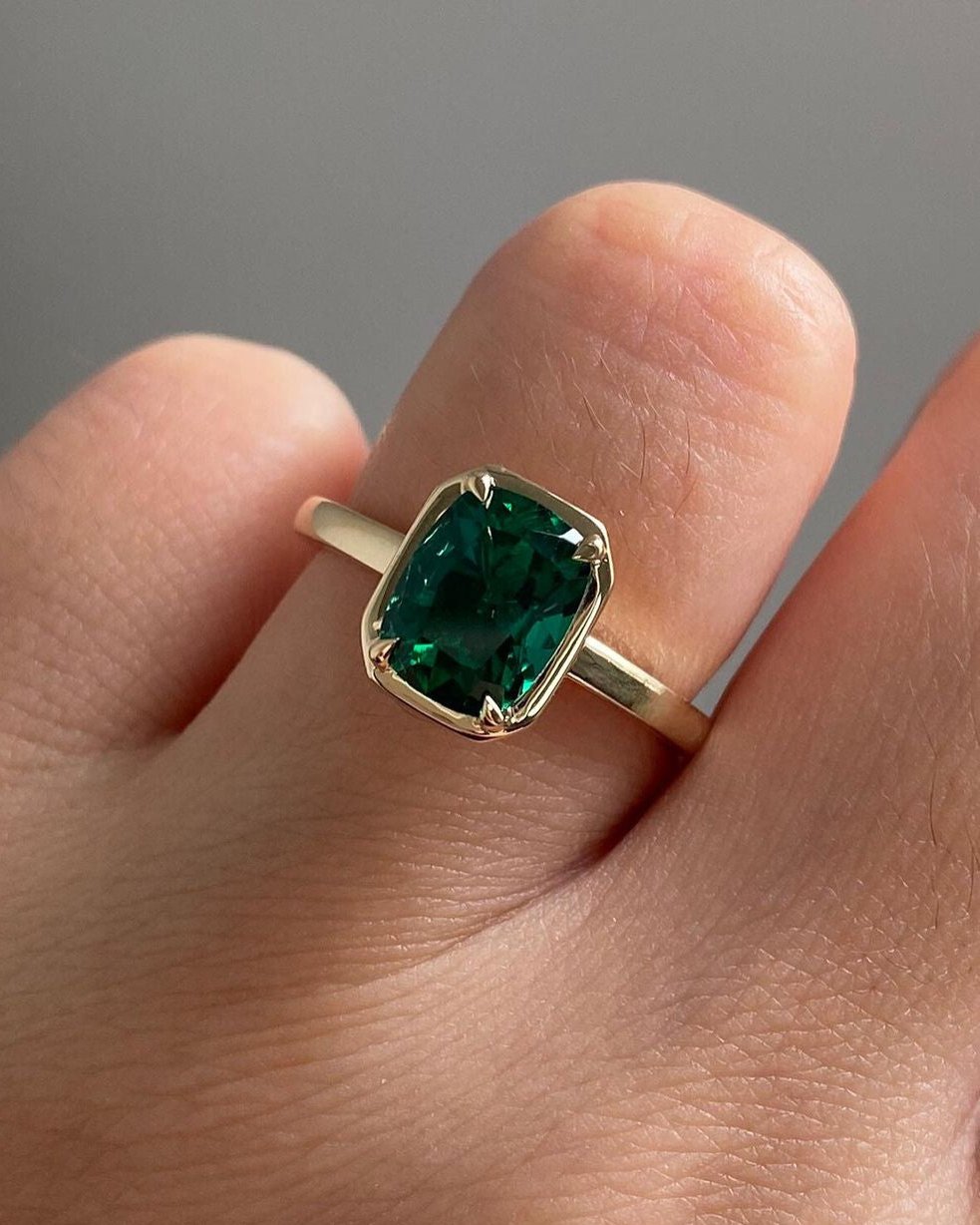 2.8Ct Green Cushion Cut Bezel Set Ring For Her | Birthstone Ring For Women | Single Stone Ring | Classy Design Ring