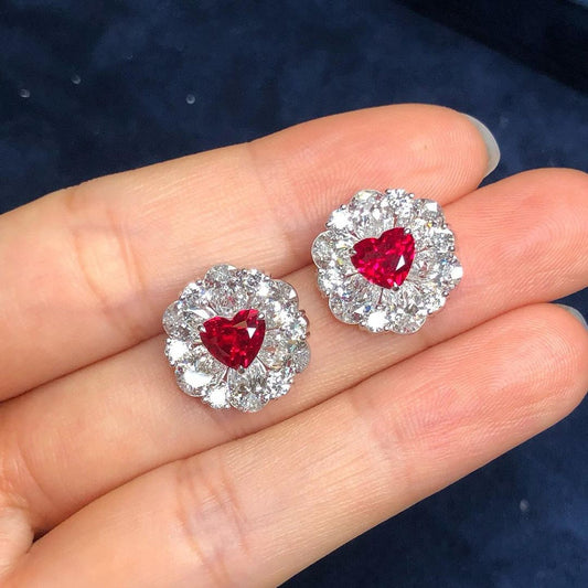 Red Heart Cut Cubic Zirconia Cluster Earrings For Women | Valentine's Gift Earring For Love | Proposal Gift Earring