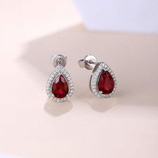 Red Pear Cut Cubic Zirconia Halo Earrings For Her | Anniversary Gift Earring For Wife | Women's Jewelry Collection