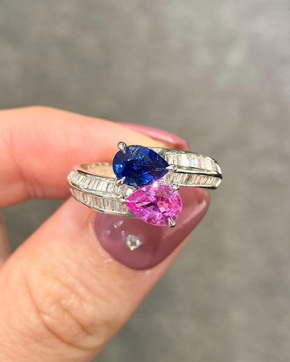 2.4Ct Pink And Blue Pear Cut Two Stone Ring For Her | Bypass Shank Ring For Women | Birthday Gift Ring For Mother | Glamorous Ring