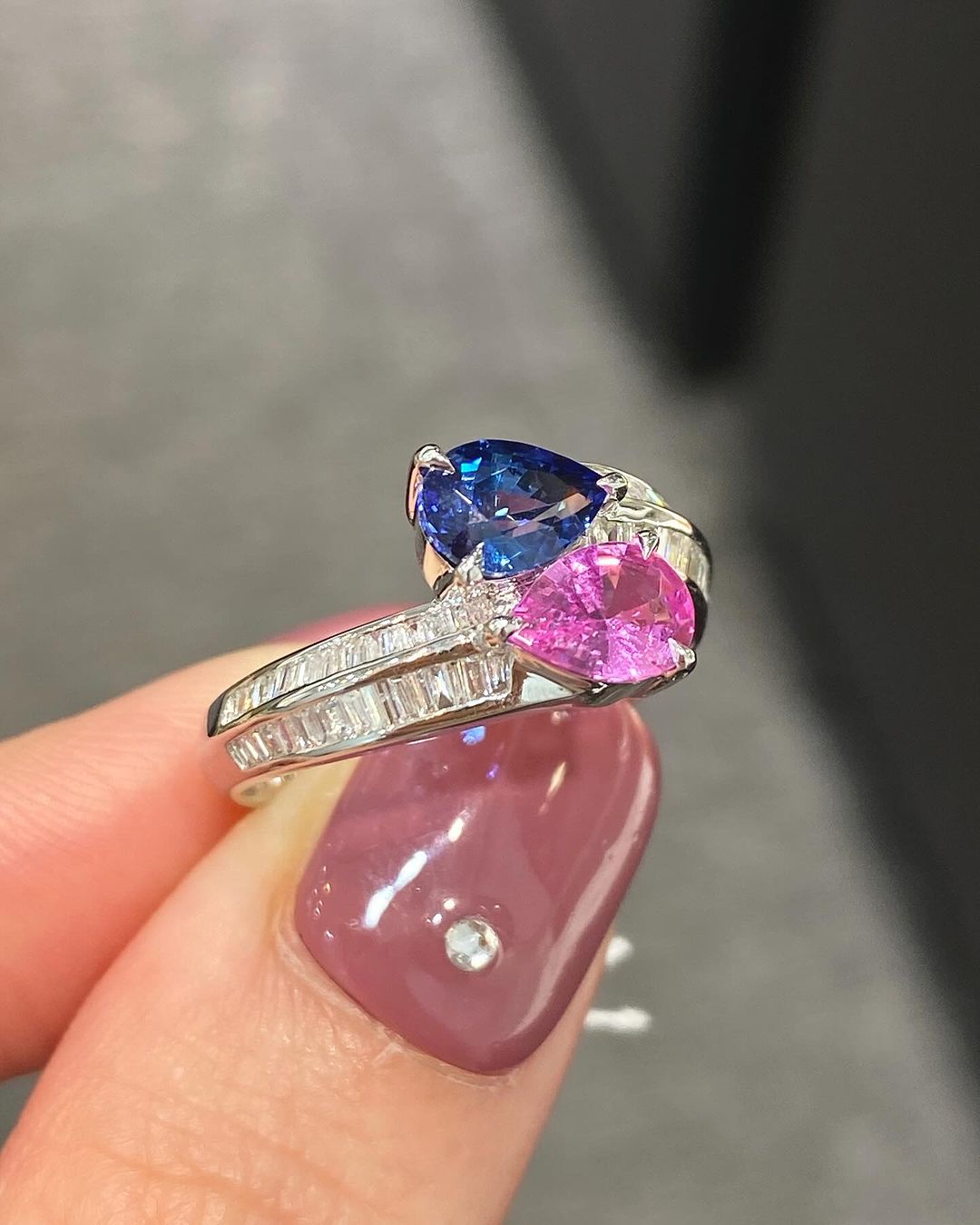 2.4Ct Pink And Blue Pear Cut Two Stone Ring For Her | Bypass Shank Ring For Women | Birthday Gift Ring For Mother | Glamorous Ring