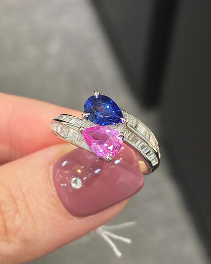 2.4Ct Pink And Blue Pear Cut Two Stone Ring For Her | Bypass Shank Ring For Women | Birthday Gift Ring For Mother | Glamorous Ring