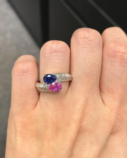 2.4Ct Pink And Blue Pear Cut Two Stone Ring For Her | Bypass Shank Ring For Women | Birthday Gift Ring For Mother | Glamorous Ring