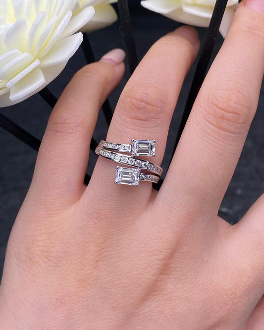 2.2Ct White Emerald Cut Two Stone Ring For Her | Bypass Shank Ring For Women | Daily Wear Ring | Women Jewelry Collection