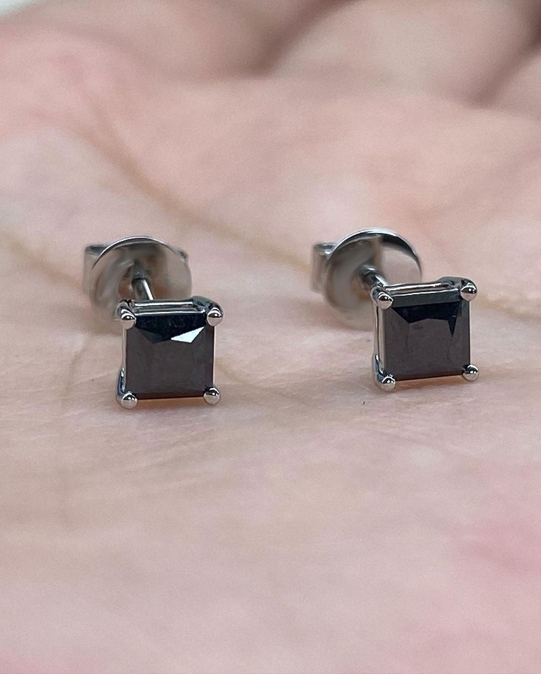 Black Princess Cut Cubic Zirconia Solitaire Stud Earrings For Her | Butterfly Push Back And Basket Set Earring | Birthstone Gift Earring For Women