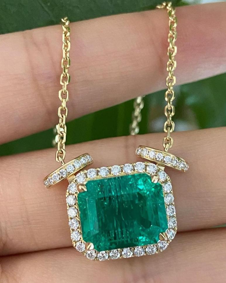 3.50Ct Green Emerald Cut Halo Pendant | Stunning Pendant For Her | Stylish Pendant  For Women | Fashion Jewelry