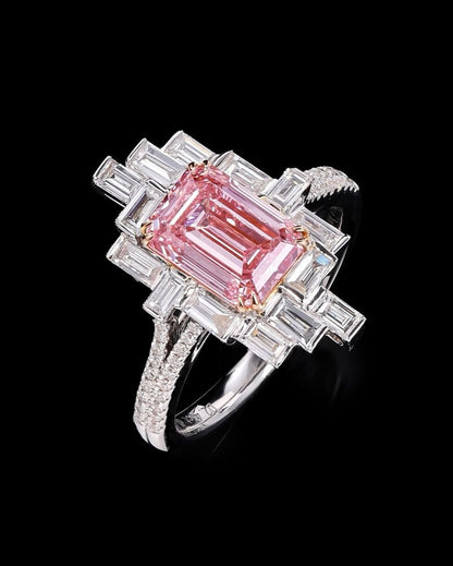 3.2Ct Pink Emerald Cut Solitaire With Cluster Ring For Her | Party Wear Ring For Women | Fashion Jewelry Piece | Glamours Ring