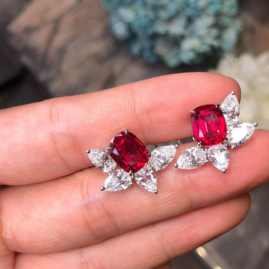 Red Cushion Cut Cubic Zirconia Solitaire With Cluster Earrings For Her | Party Wear Earring For Women | Special Occasion Gift Earring For Love