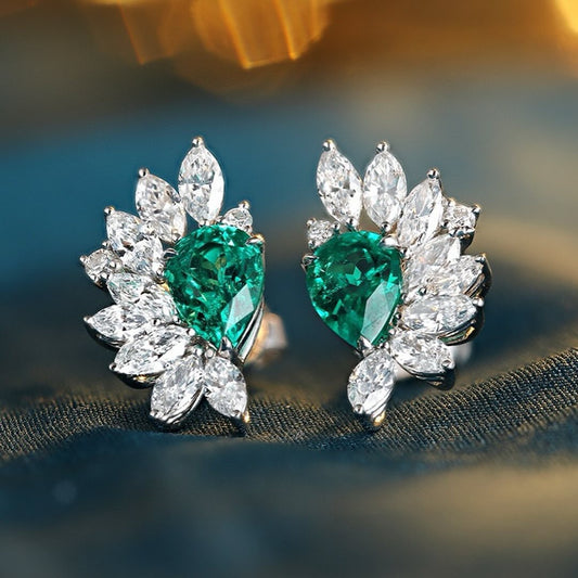 Green Pear Cut Cubic Zirconia Solitaire With Cluster Stud Earrings | Bridesmaid Gift Stud Earring | Beautiful Earrings For Ladies