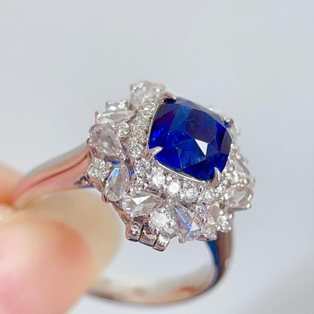 2.8Ct Blue Cushion Cut Halo With Cluster Ring For Her | Bridesmaid Wedding Ring | Fashionable Ring For Women | Jewelry Collection For Ladies