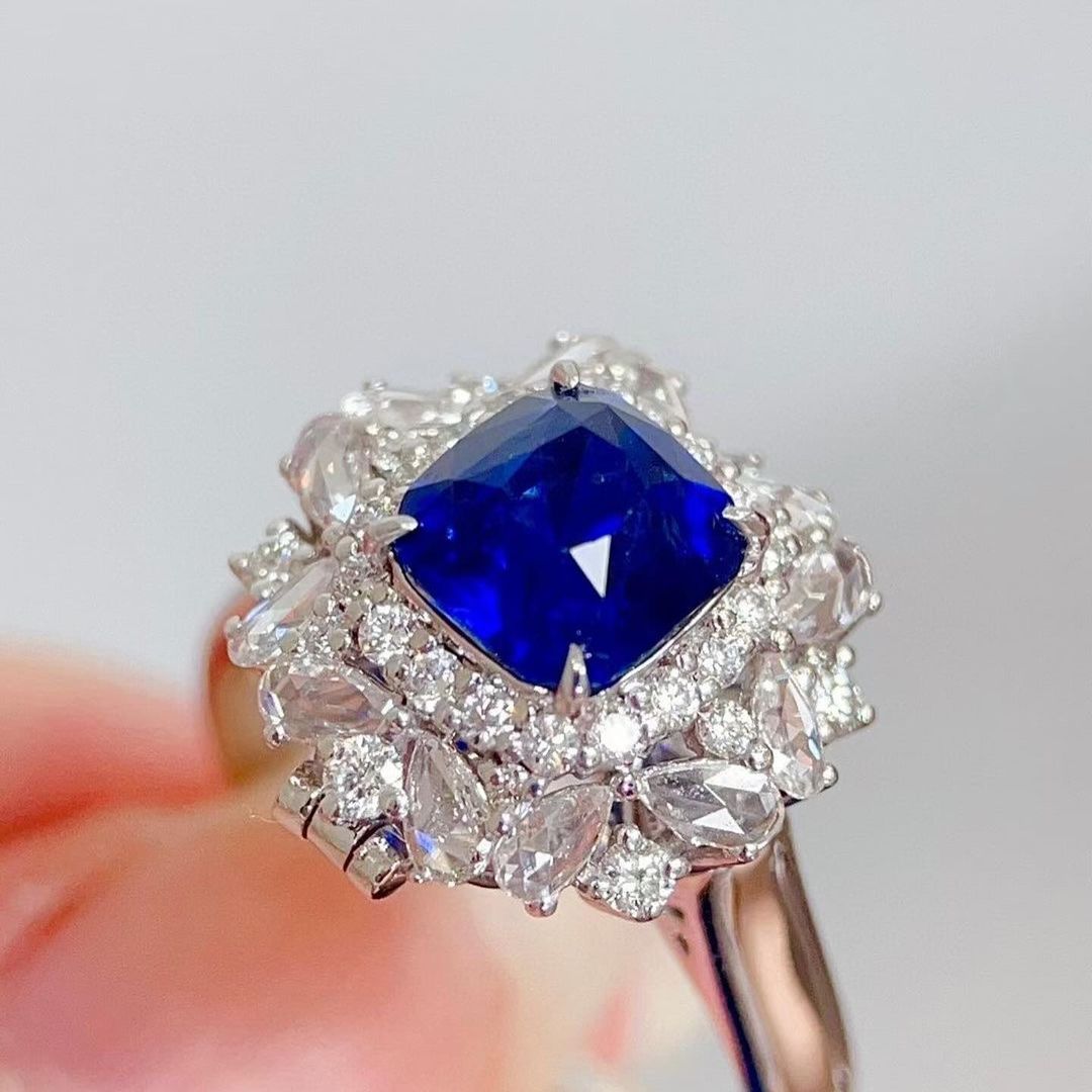 2.8Ct Blue Cushion Cut Halo With Cluster Ring For Her | Bridesmaid Wedding Ring | Fashionable Ring For Women | Jewelry Collection For Ladies