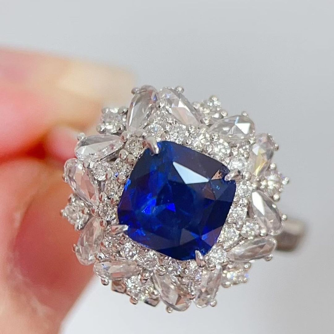 2.8Ct Blue Cushion Cut Halo With Cluster Ring For Her | Bridesmaid Wedding Ring | Fashionable Ring For Women | Jewelry Collection For Ladies