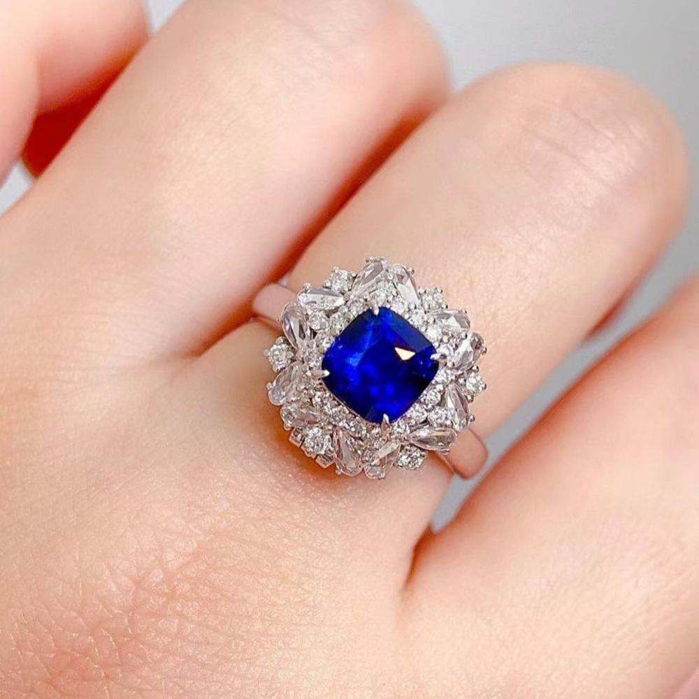 2.8Ct Blue Cushion Cut Halo With Cluster Ring For Her | Bridesmaid Wedding Ring | Fashionable Ring For Women | Jewelry Collection For Ladies