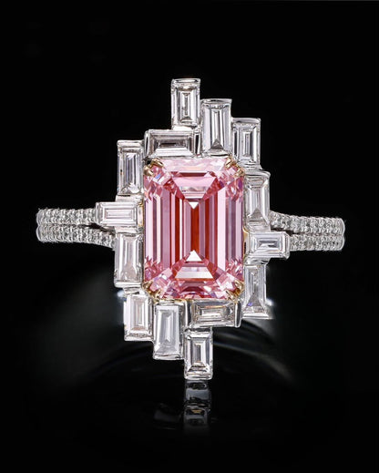 3.2Ct Pink Emerald Cut Solitaire With Cluster Ring For Her | Party Wear Ring For Women | Fashion Jewelry Piece | Glamours Ring