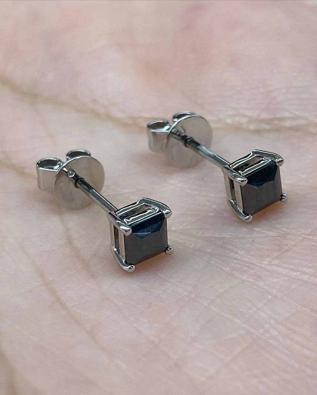 Black Princess Cut Cubic Zirconia Solitaire Stud Earrings For Her | Butterfly Push Back And Basket Set Earring | Birthstone Gift Earring For Women