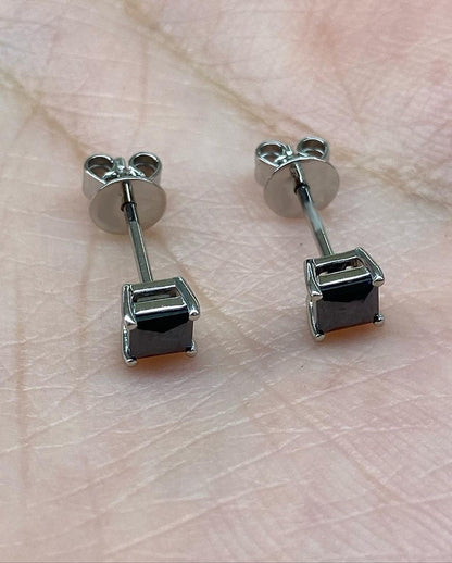 Black Princess Cut Cubic Zirconia Solitaire Stud Earrings For Her | Butterfly Push Back And Basket Set Earring | Birthstone Gift Earring For Women