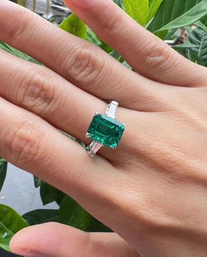 3.2Ct Green Emerald Cut Three Stone Ring For Women | Birthday Gift Ring For Her | Timeless Design Ring | Bridesmaid Gift Ring