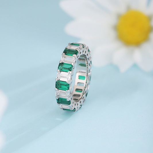 2.2Ct White And Green Emerald Cut Prong Set Band Ring | Birthday Gift Band Ring For Mother | Everyday Wear Jewelry For Women | Beautiful Band Ring For Her