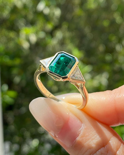 2.6Ct Green Emerald Cut Bezel And Three Stone Ring For Her | Birthstone Gift Ring For Women | Stacking Ring | Elegant Design Ring