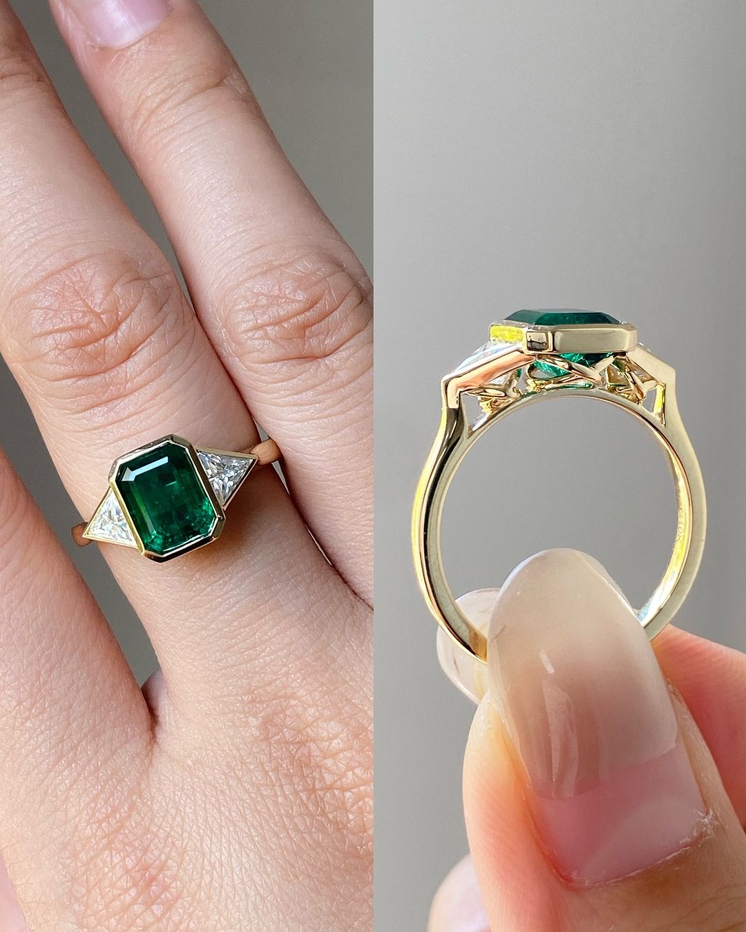 2.6Ct Green Emerald Cut Bezel And Three Stone Ring For Her | Birthstone Gift Ring For Women | Stacking Ring | Elegant Design Ring