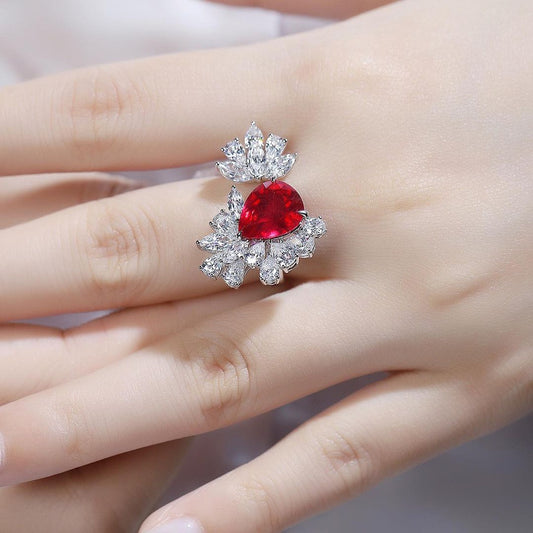 2.8Ct Red Pear Cut Solitaire With Cluster Ring | Perfect Gift For Special Occasion Ring | Open Cuff Ring For Her | Designer Ring For Women