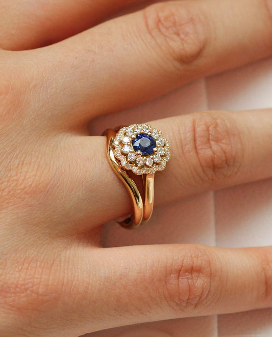 2.2Ct Blue Round Cut Double Halo Ring Set For Her | Bridal Wedding Ring Set | Luxury Jewelry Piece | Women Jewelry Collection