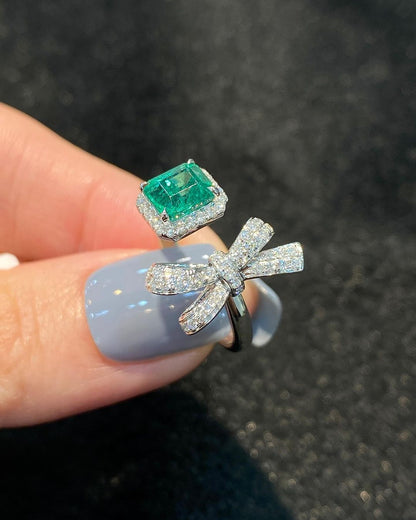 Bow Style 2.8Ct Green Emerald Cut Halo Ring For Her | Open Cuff Ring | Stylish Ring For Women | Celebrity Style Ring