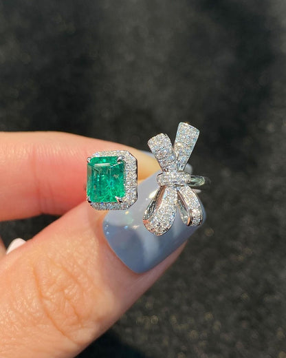 Bow Style 2.8Ct Green Emerald Cut Halo Ring For Her | Open Cuff Ring | Stylish Ring For Women | Celebrity Style Ring