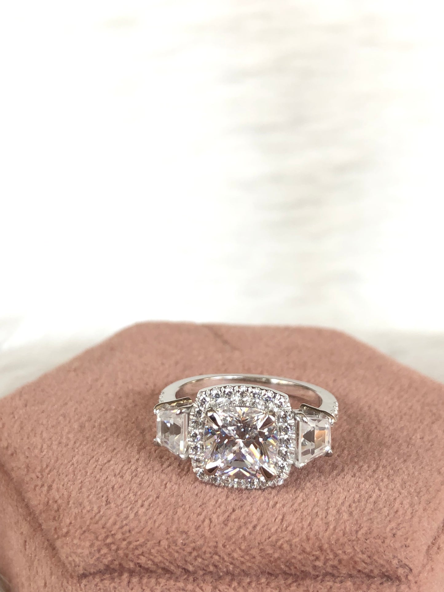 2.8Ct White Cushion Cut Halo And Thee Stone Ring | Bridal Wedding Ring | Statement Ring For Her | Designer Jewelry Piece