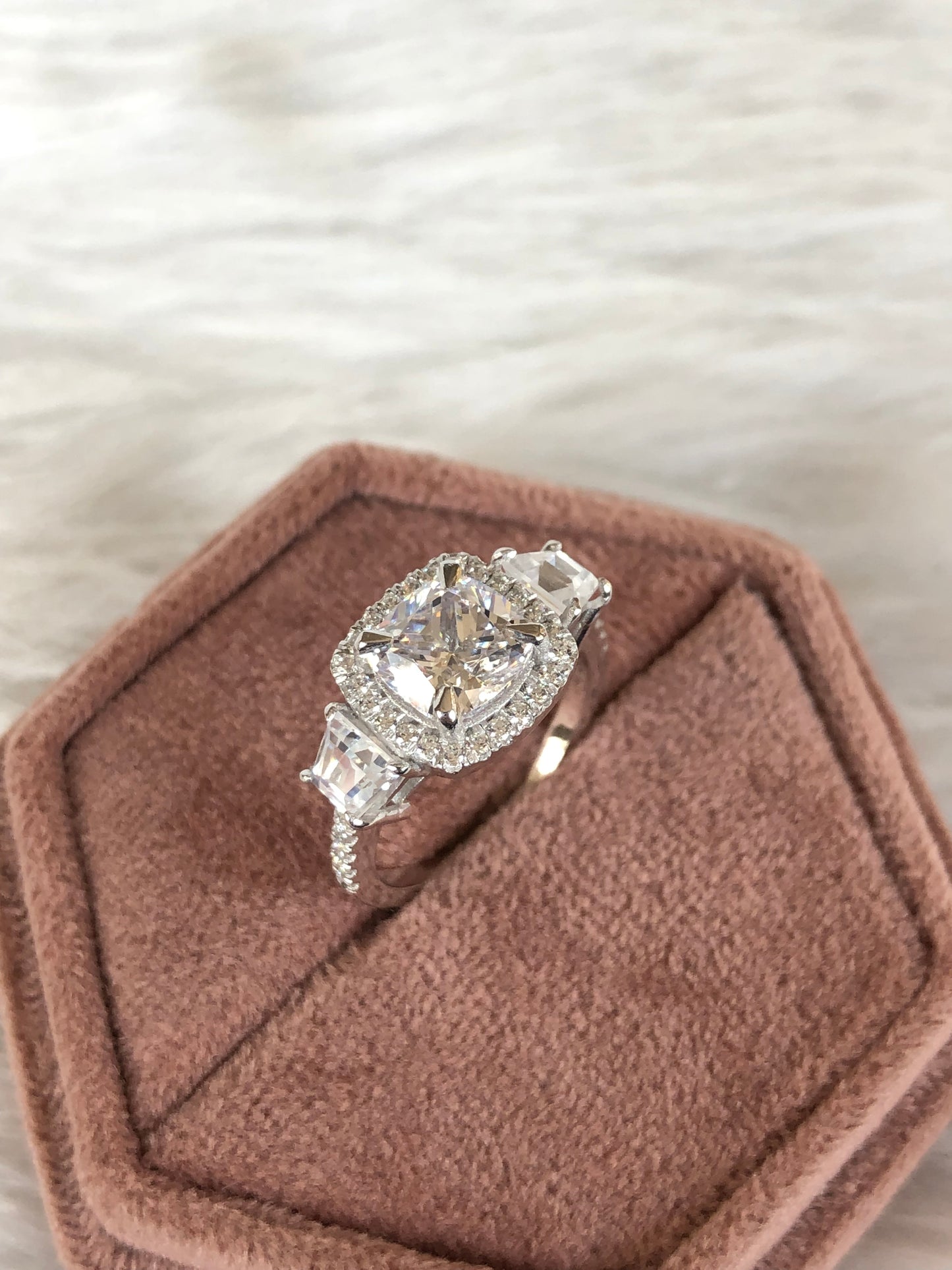 2.8Ct White Cushion Cut Halo And Thee Stone Ring | Bridal Wedding Ring | Statement Ring For Her | Designer Jewelry Piece