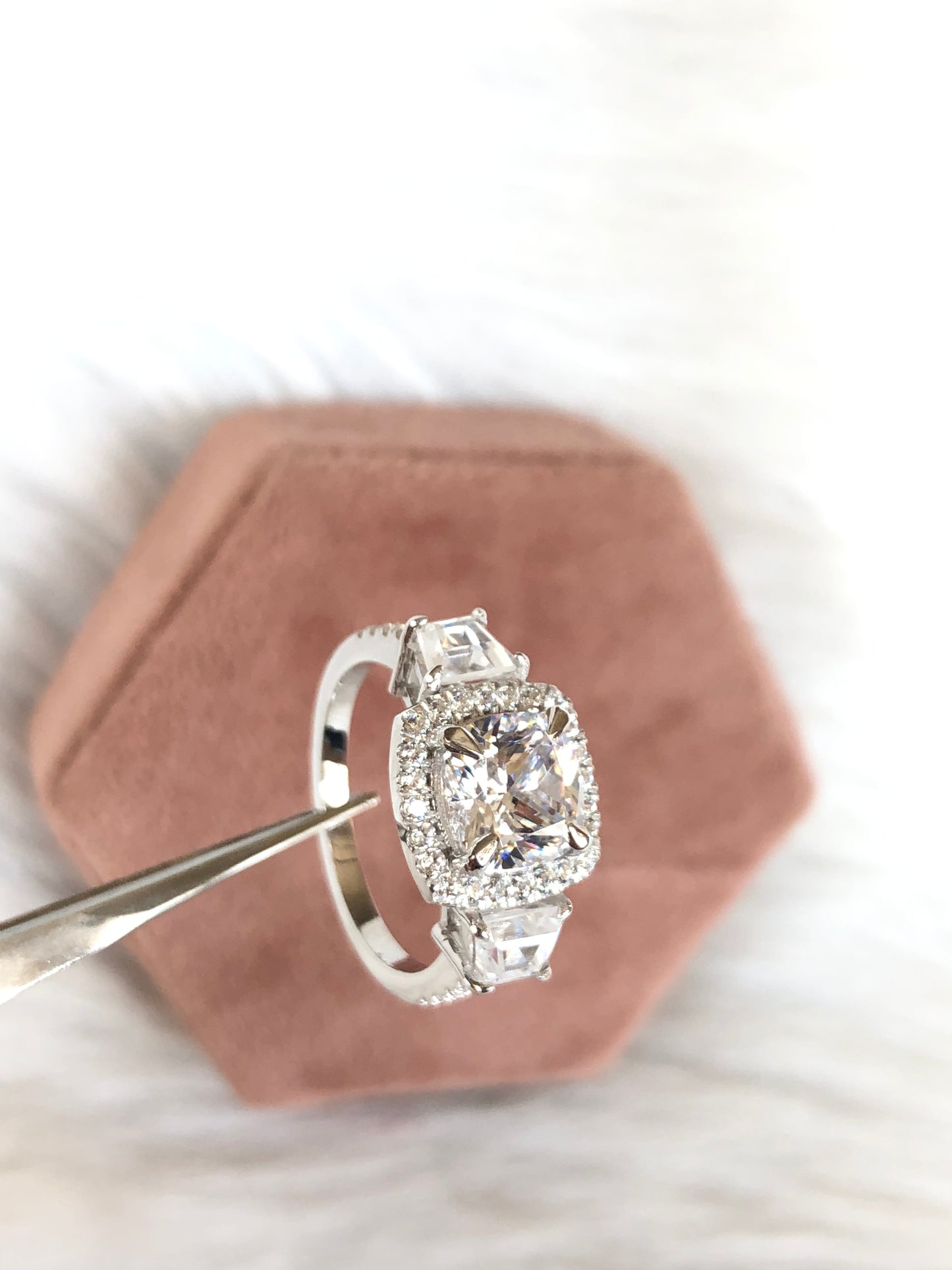 2.8Ct White Cushion Cut Halo And Thee Stone Ring | Bridal Wedding Ring | Statement Ring For Her | Designer Jewelry Piece