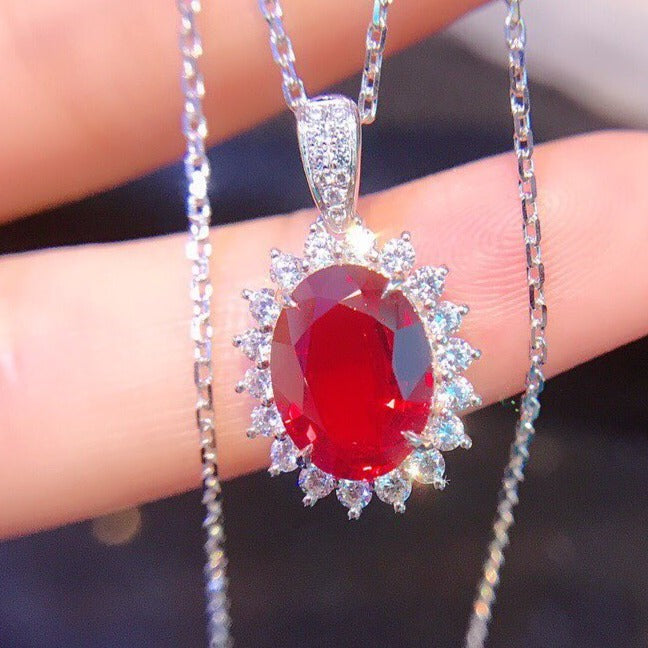 3.10Ct Red Oval Cut Halo Pendant | Wedding Pendant For Bridal | Fashion Jewelry | Birthstone Pendant