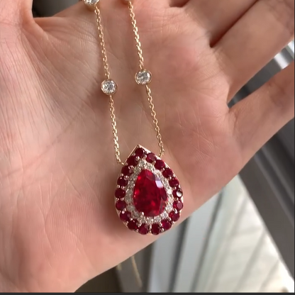 2.88Ct Red Pear Cut Double Halo Pendant | Wedding Gift Pendant For Women | Bridal Jewelry | Sentimental Gift Pendant