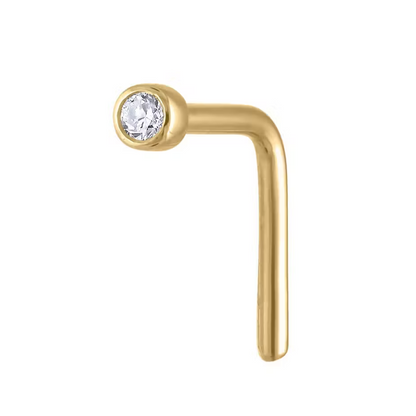 Bezel Set Nose Stud L Shape Bend | 925 SIL Nose Stud | 10KT Gold Nose Stud | 14KT Gold Nose Stud | 18KT Gold Nose Stud With CZ (2MM - 5MM)