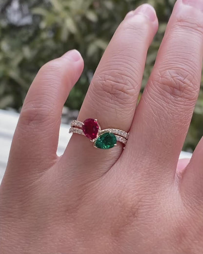 2.4Ct Red And Green Pear Cut Two Stone Ring | Wedding Ring For Her | Women Jewelry | Personalized Gift