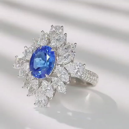 3.2Ct Blue Oval Cut Solitaire Cluster Ring | Party Wear Ring | Fashionable Ring | Designer Ring