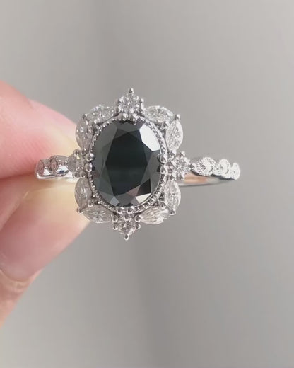 2.8Ct Black Oval Cut Halo Ring | Anniversary Ring For Wife | Gift For Her | Party Wear Ring