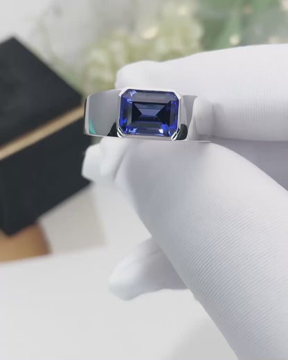 2.6CT Blue Emerald Cut Bezel Ring | Birthstone Ring For Women | Promise Ring | Luxury Jewelry