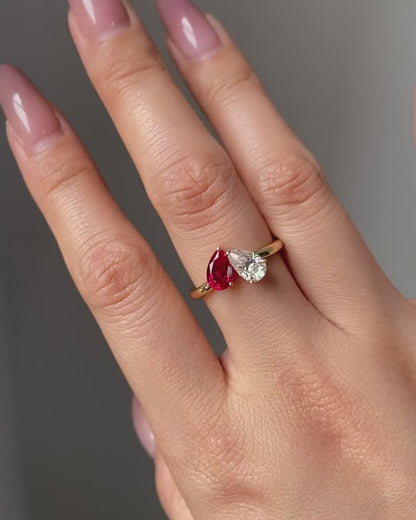 2.2Ct Red And White Pear Cut Two Stone Ring | Wedding Proposal Ring | Toi Et Moi Ring | Statement Ring