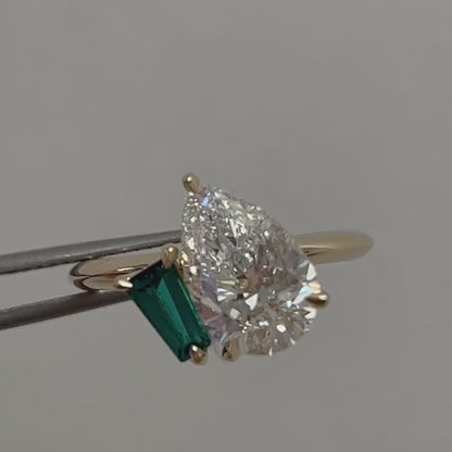 2.8Ct White Pear And Green Baguette Cut Two Stone Ring | Birthstone Ring | Toi Et Moi Ring | Gift For Women